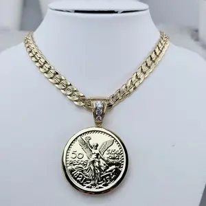 (C47) New Centenary Pendant with Chain 24 Inches Goldplated 50 Pesos Coin Design 14K Gold Plated Necklace