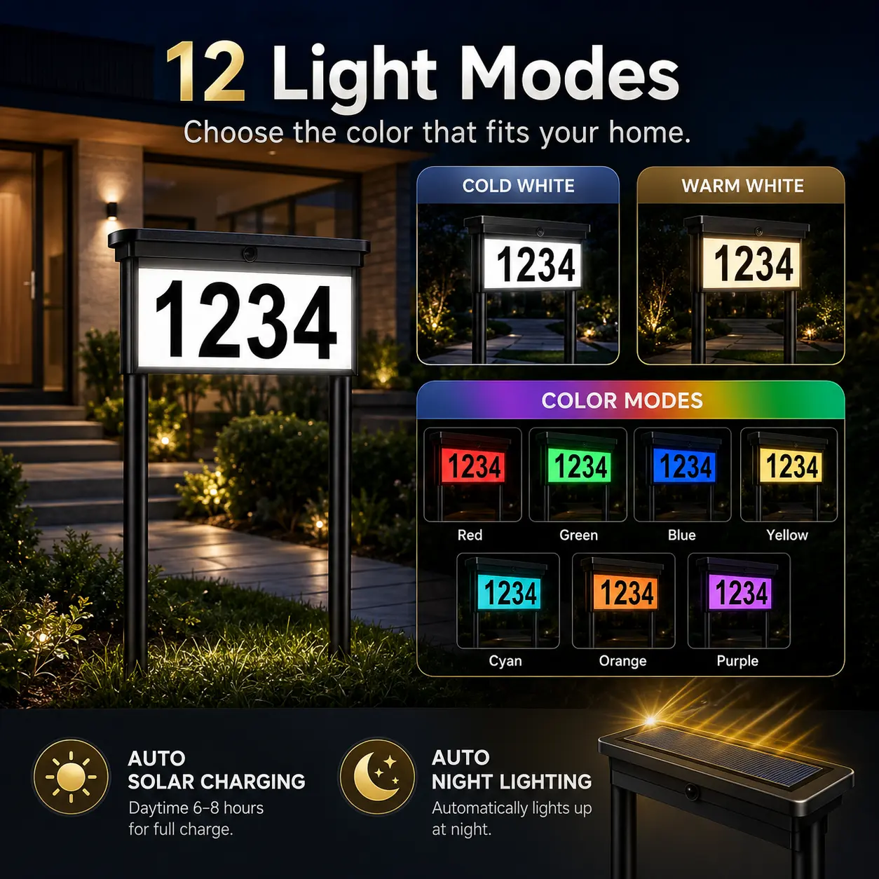 DERAYSION  Solar Address Sign Light Outdoor, 29.5" Tall IP65 Waterproof Solar House Number Sign with DIY Number/Letter Kit, 12 Lighting Modes (Warm White/Color Changing) Double Sided Solar Address Plaque for Yard, Mailbox, Wall Decor