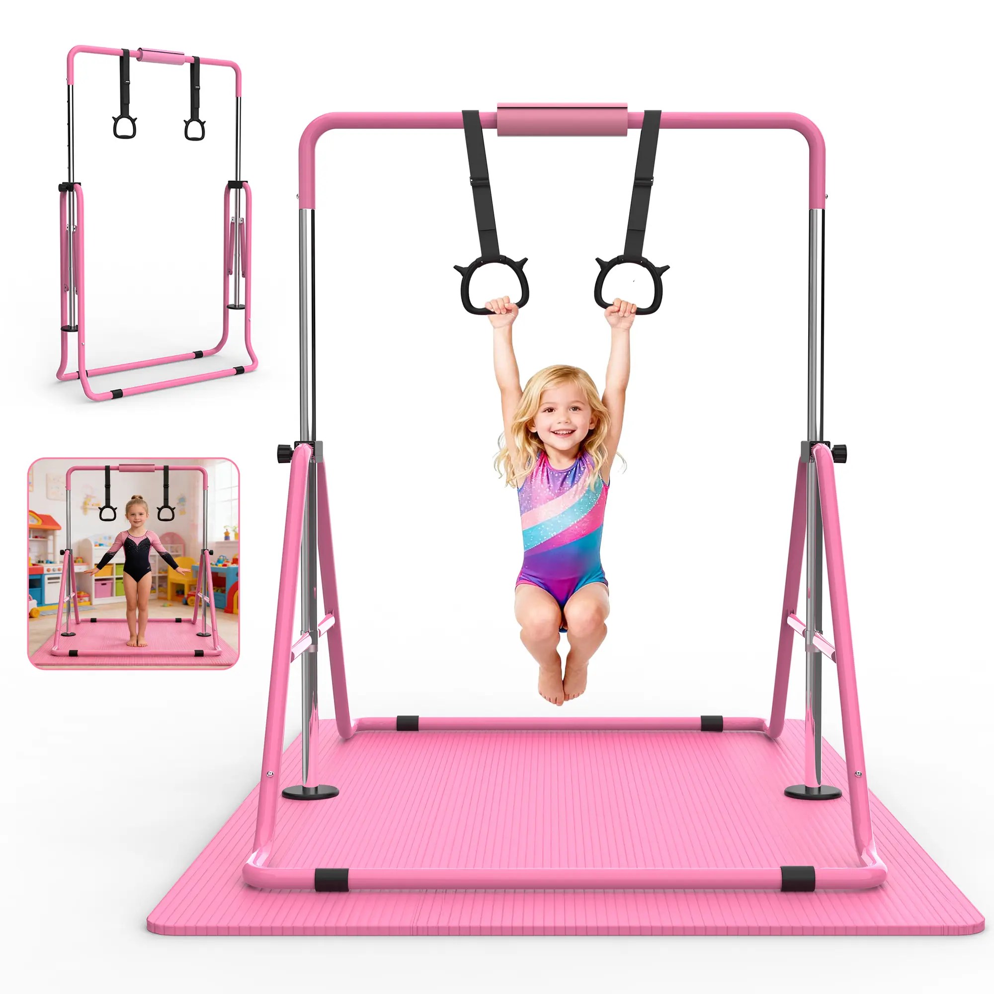 【SAVEYOUR】Expandable Gymnastics Bar for Kids, Folding Horizontal Training Bar & Mat for Home Use,Max 140 lbs Capacity, Indoor & Outdoor Practice