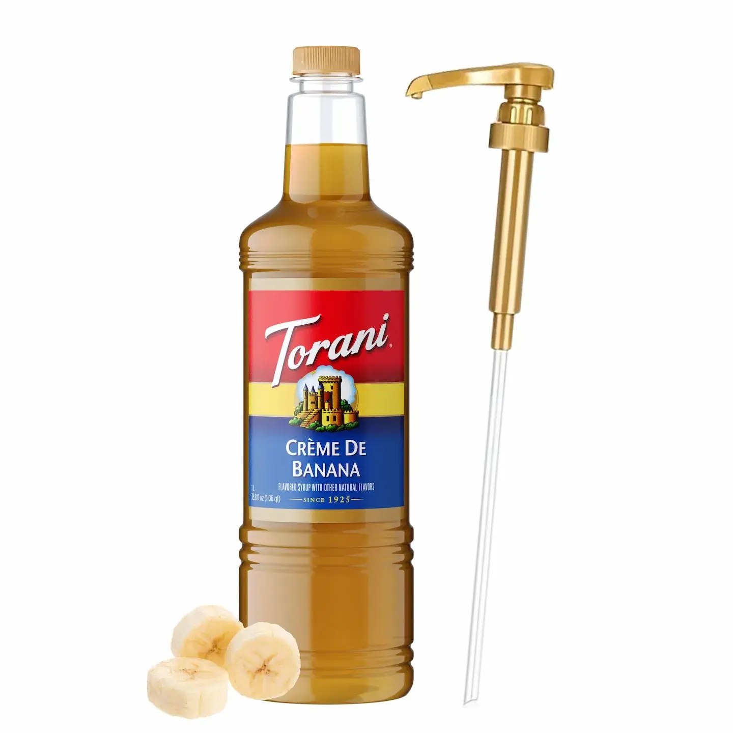 Torani Creme De Banana Syrup - 1L Bottle with Pump, Premium Sweet Banana Flavoring, Pure Cane Sugar, Natural Ingredients for Coffee, Beverages, Desserts, Beverage