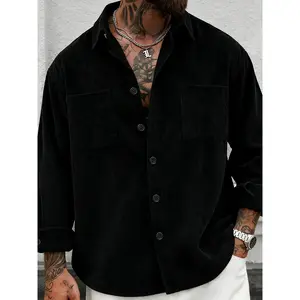 Men's Fashion Corduroy Casual Button Collared Long Sleeve Shirt, Fitted Plain Design, Moderate Fabric, Long Clothing Length, Spring & Fall Wear