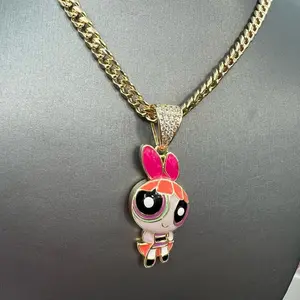 Powerfuff Girls Pendant and Necklace Set with Sparkling Charms and Gold bonded Chain