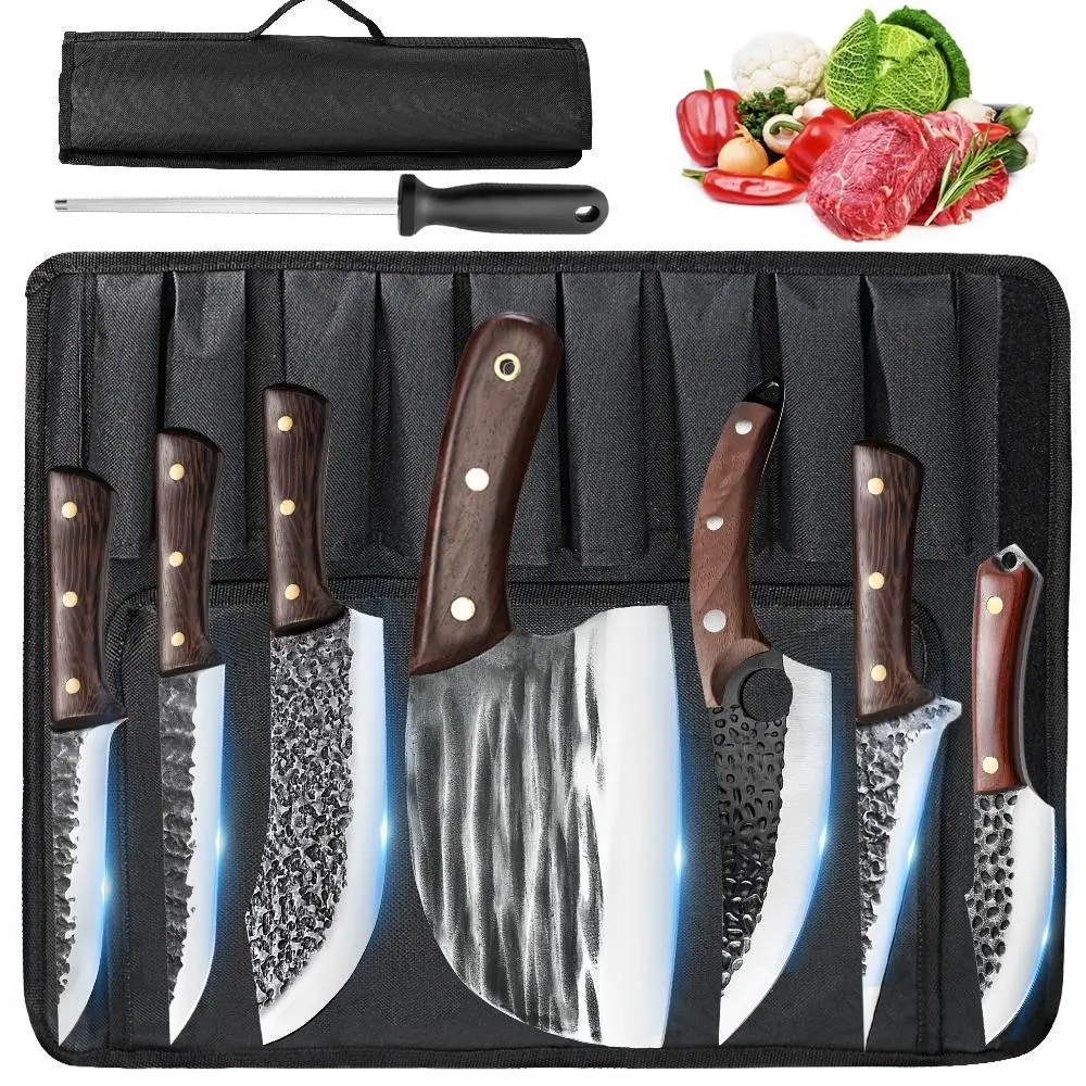 MDHAND Butcher Knife Set, Hand Forged Viking Kitchen Serbian Chef Knife Set with Roll Bag, Heavy Duty Meat Cleaver & Brisket Knives & Meat Cutting Knife for BBQ, Outdoor Camping, Gifts for Men Women