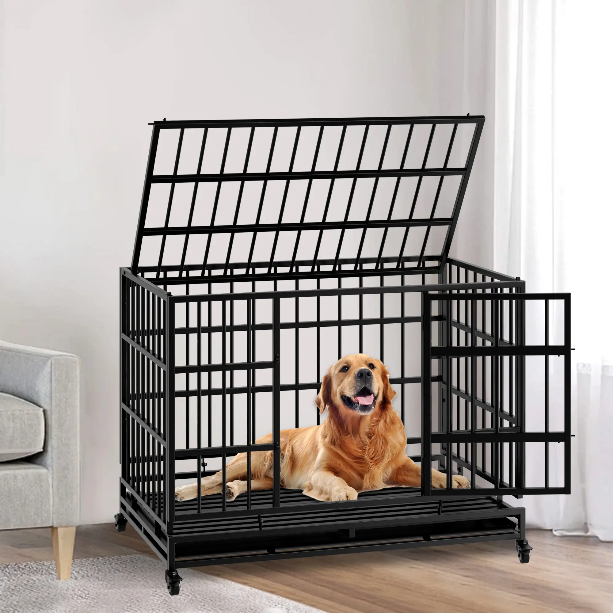 48-inch heavy-duty dog cage with wheels, foldable metal large dog cage suitable for large and medium-sized dogs, cage with detachable plastic tray
