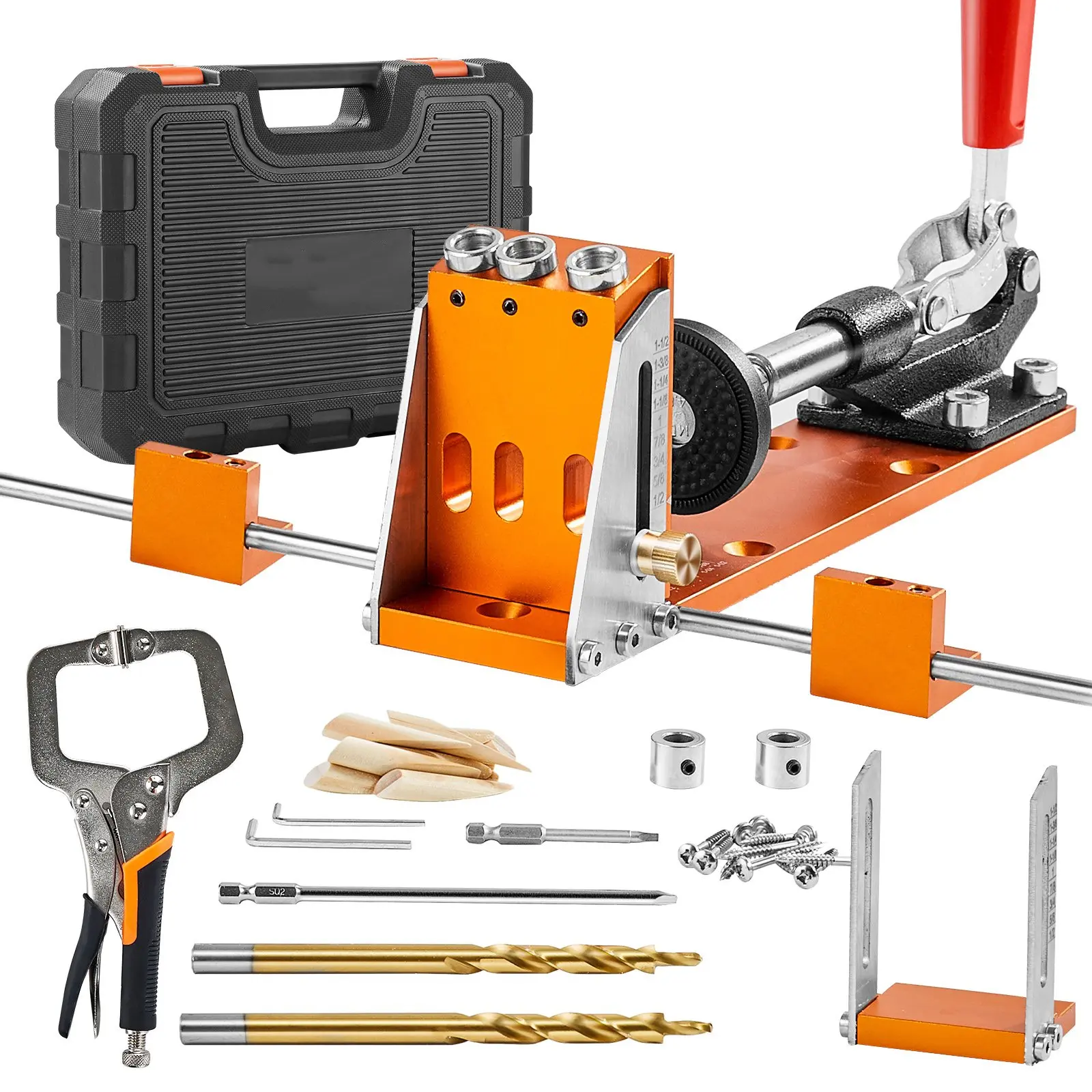 Adjustable Pocket Hole Jig System - Includes 11" C-Clamp, Fixture, Step Drills, Wrenches, Drill Stop Rings, Square Drive Bits & Toolbox, Ideal for DIY Carpentry Projects