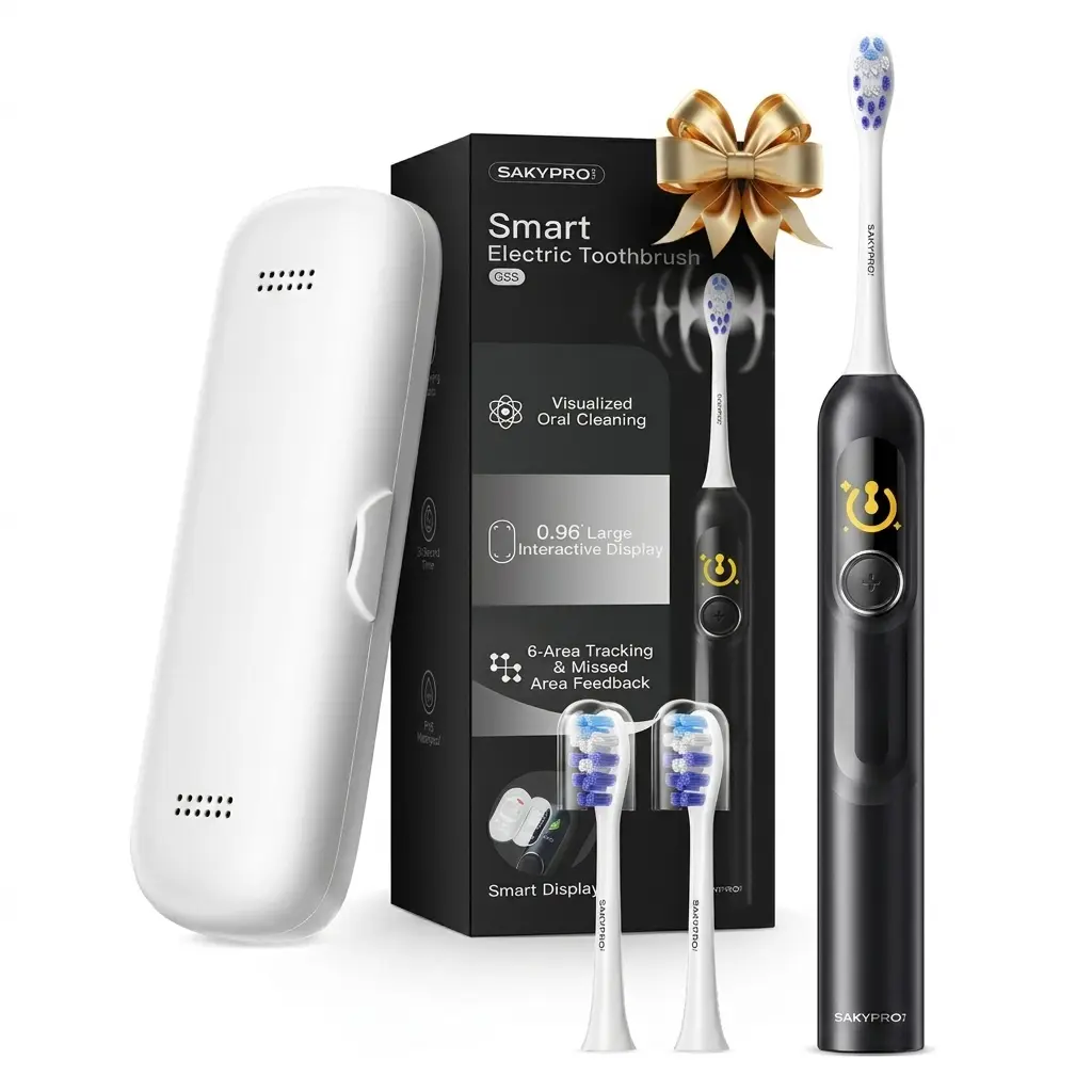 【SAKYPRORAL】 AI Electric Toothbrush with Smart Display for Adults Kids | 150-Day Rechargeable Toothbrush, Real-Time Map |3-Min Timer, Travel Case | Teens Sonic Toothbrush Gift (G5S Black)