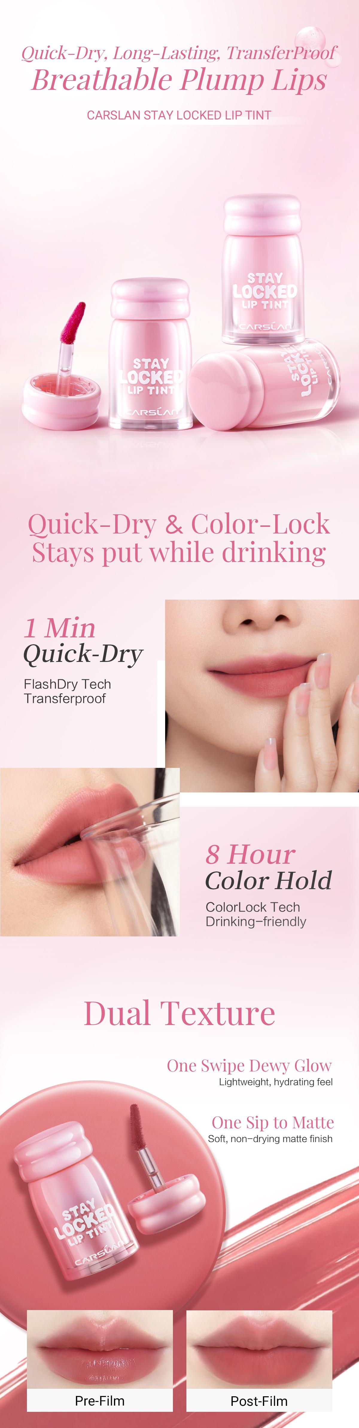 CARSLAN Stay Lip Tint Glossy Turn To Matte Finish Waterproof Long-Lasting Tansferproof Non-Stick Cup Lip Gloss