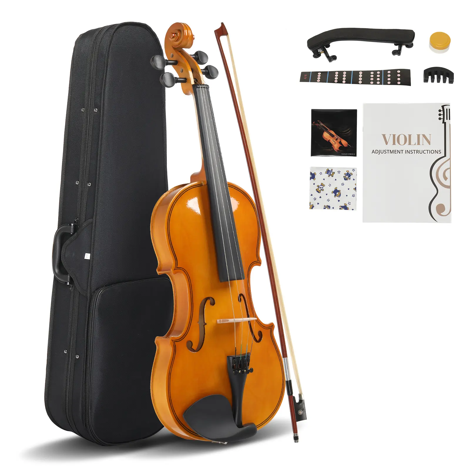 4/4 Full Size Basswood Violin Learning Kit for Music Learners & Adults (23.43 x 8.27 x 2.76", 29.2" / 74.2 cm), Includes Hard Case, Bow, Shoulder Rest, Rosin, Extra Strings, Sordine & Violin Accessories