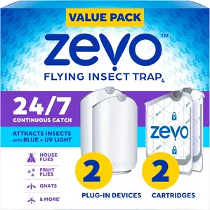 Zevo 2 Plug-In Flying Insect Traps with 2 Refill Cartridges & Pad - Indoor Bug Catcher for Gnats, House Flies - Blue, UV Light Technology, Mess-Free Bug Zapper Alternative