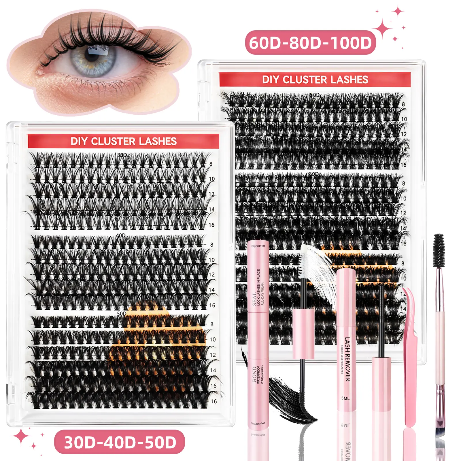 640pcs Eyelash Clusters Kit with 6 Mixed Styles, DIY Eyelash Extensions with Varied Lengths and Natural Curl, Complete Cosmetic Set with Glue, Tweezers, and Remover for Makeup Styling, Eyelashes Extensions, False Eyelashes & Adhesives