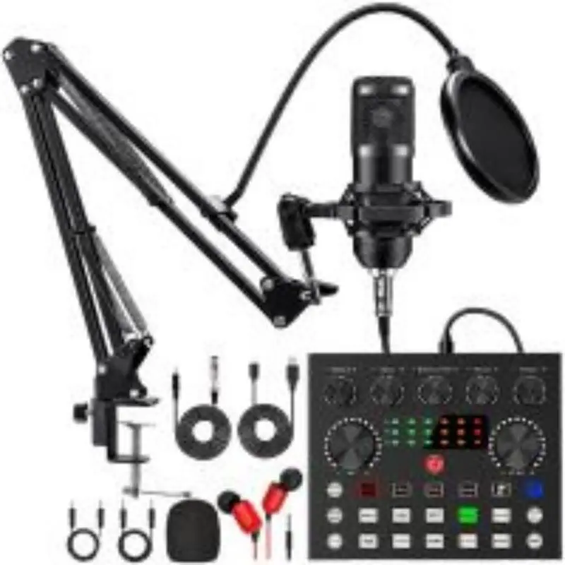 BM800 V8 Soundcard Professional Cardioid Condenser Microphone & Pro Audio Interface Recording Kit with Intelligent Noise Reduction, Blowout Prevention Net, Cantilever Bracket, Shock Mount for Content Creators (PC, Windows, Android, iOS Compatible)