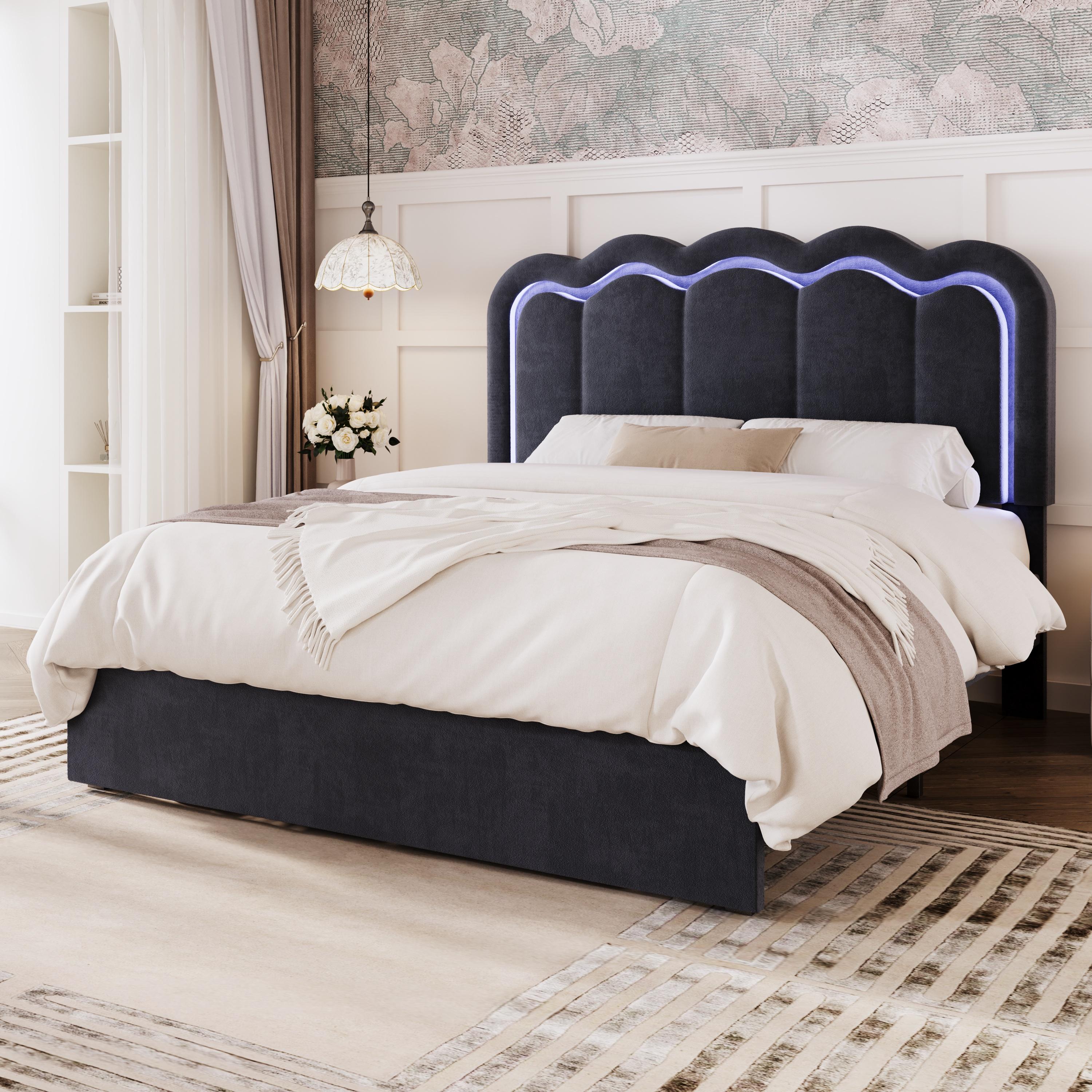 MUTIOCR Velvet Upholstered Bed Frame with Smart LED Lights Large Storage Drawer Adjustable Wavy Headboard No Box Spring Needed Twin Full Queen Sizes White Black Cream Pink