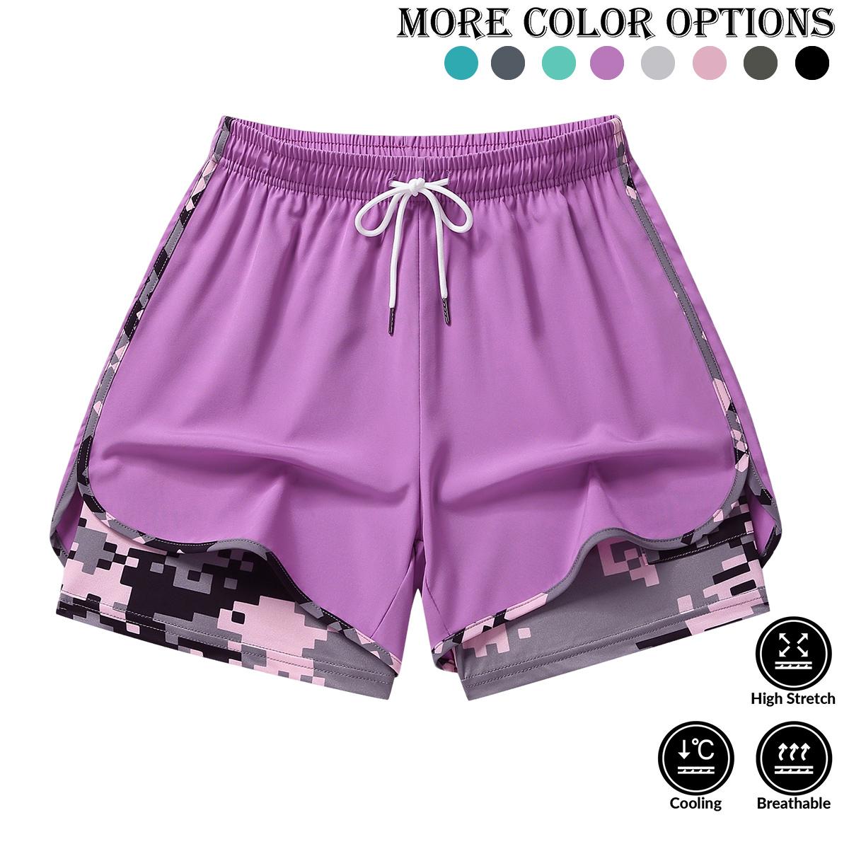Women’s summer casual athletic shorts featuring a two-piece layered design with camouflage print, suitable for running and everyday workouts