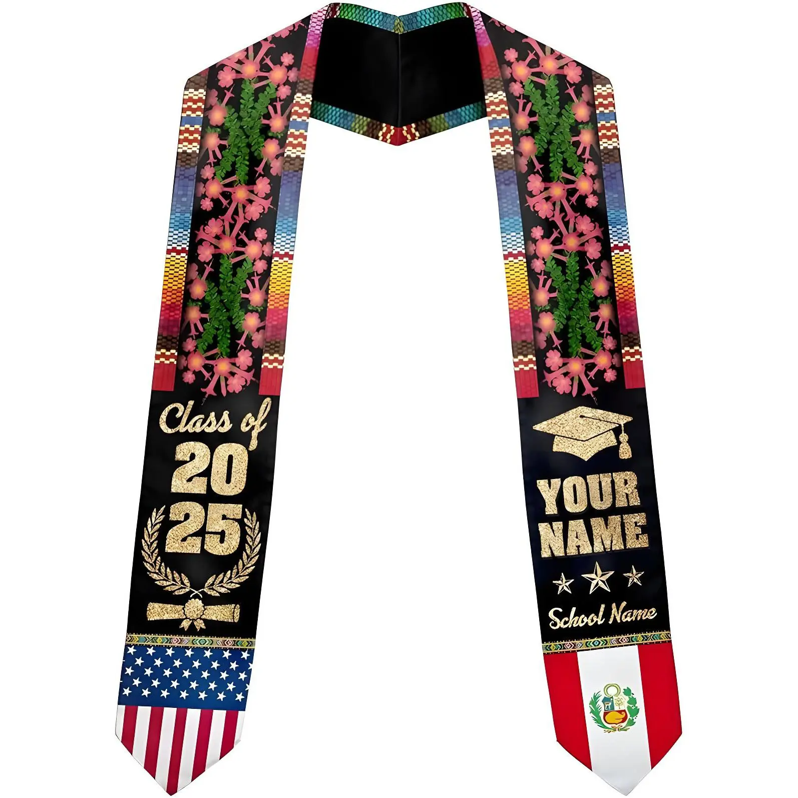 Personalized Peruvian Graduation Sash, Custom Peruvians American Flag Graduation Stole 2025, Peru Graduation Stole