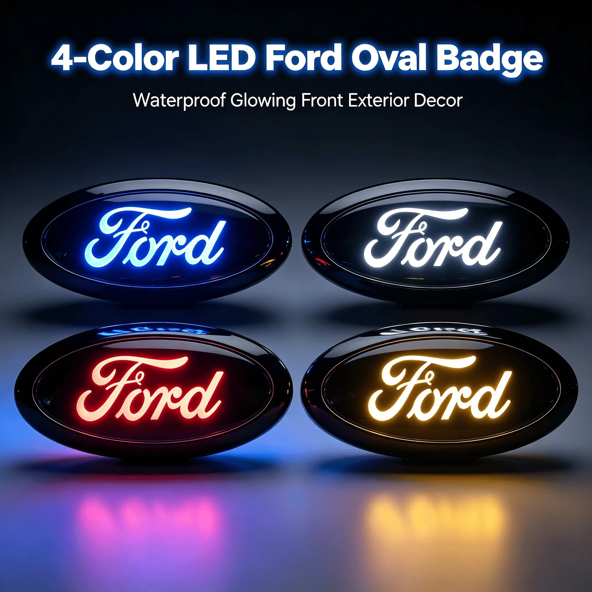 Waterproof LED Illuminated Ford Oval Front Emblem Badge, 4-Color Glow Gloss Black Shell Exterior Decor Ornament Light-Up Logo for All Ford Vehicles