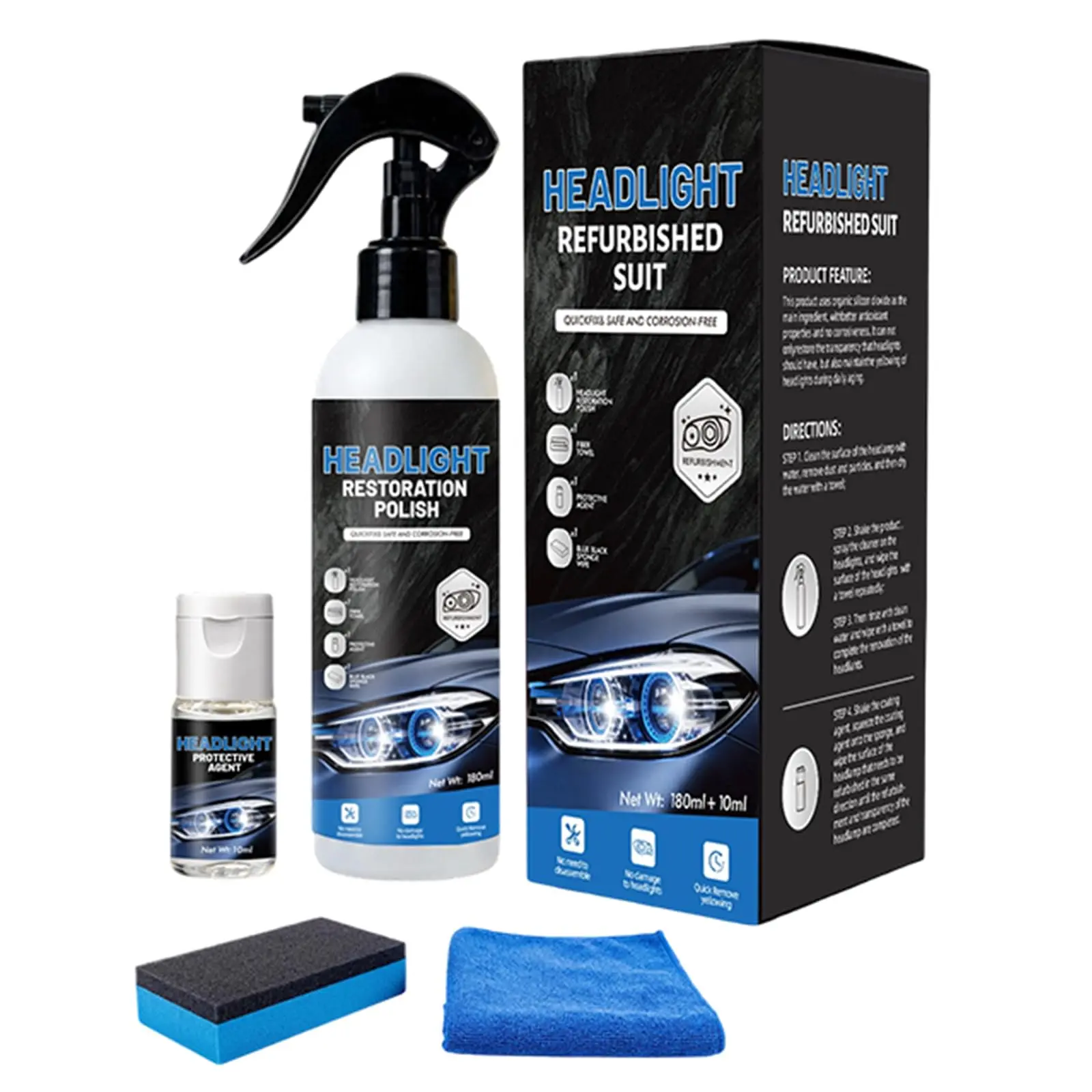 Automotive Headlight Restoration Kit, Headlight Cleaner & Restoration Polish for Oxidized and Yellowed Headlights, Enhanced Crystallization Coating for Maximum Gloss, Shine & Clarity