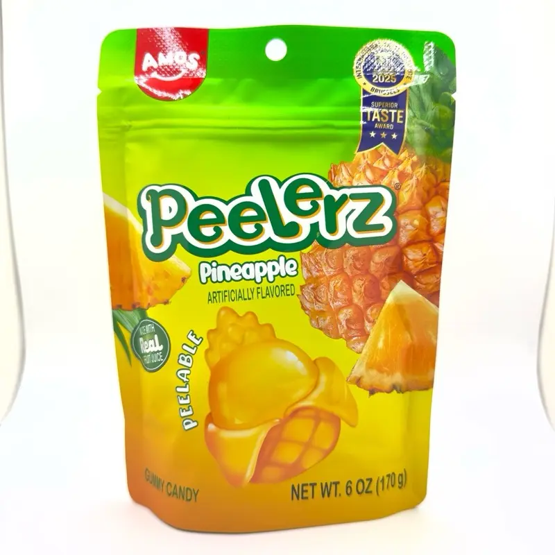 Amos Peelerz Peelable Pineapple-Shaped Natural Candy - 6 oz (170g) Sugar-Sweet, Juicy, Soft, Chewy, Tropical Tangy Snacks, Contains Corn, Water, Glycerin, Resealable Bag, Non-GMO, Store in Cool Dry Place for US Cupboard, Contains Corn, Water, And Glycerin