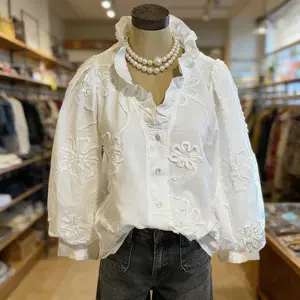 Elegant Embroidered Flower Ruffle Neck Puff Sleeve Cotton Top Women Casual Style Vintage Blouse Cute Fall Outfits for Womenswear