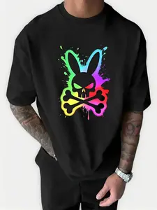Men's Fashion Graphic Print Loose Fit Short Sleeve T-Shirt, Fun Rabbit Pattern, Summer Essential, Casual Style