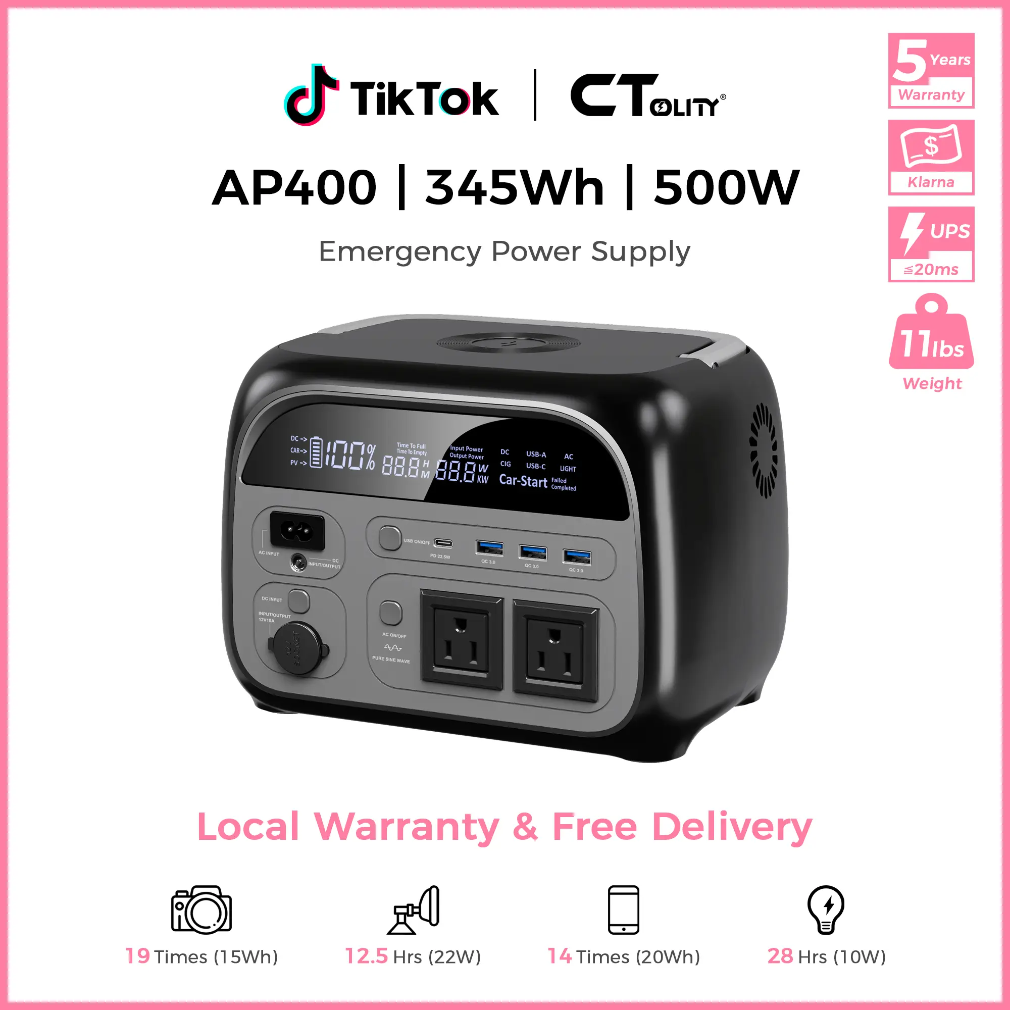 [Summerfinds]CTOLITY AP400 500w 345WH Lifepo4 Battery Solar Generator for Home & Power Outage Backup Battery Portable Power Station with Solar Panels Emergency Backup Battery for Camping RV Fishing