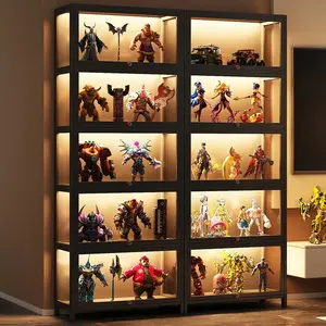 Display Cabinet Acrylic Curio Cabinet with Lock Glass Display Cabinet Natural Bamboo  Glass Cabinet Easy to Install，With Lights