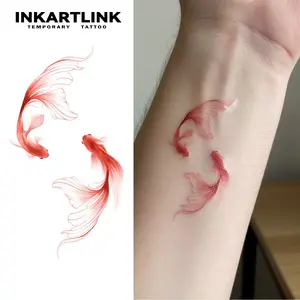 INKARTLINK Tattoo 2 Sheets, Waterproof, Semi-Permanent, Long-Lasting, Red Koi Fish, Watercolor Art, Elegant Animal, Juice Ink, Temporary Fake Tattoo Sticker for Women/Men, Party Body Art