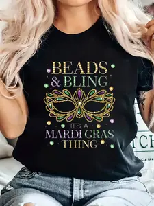 100% Cotton Women's Mardi Gras T-Shirt - "It's a Mardi Gras Thing" Glitter Lettering Sequin Mask Design, Soft Stretchy Short Sleeve Top for Carnival Party Outfits, Spring Summer Casual Wear, Comfortable Fit Bling Costume Apparel