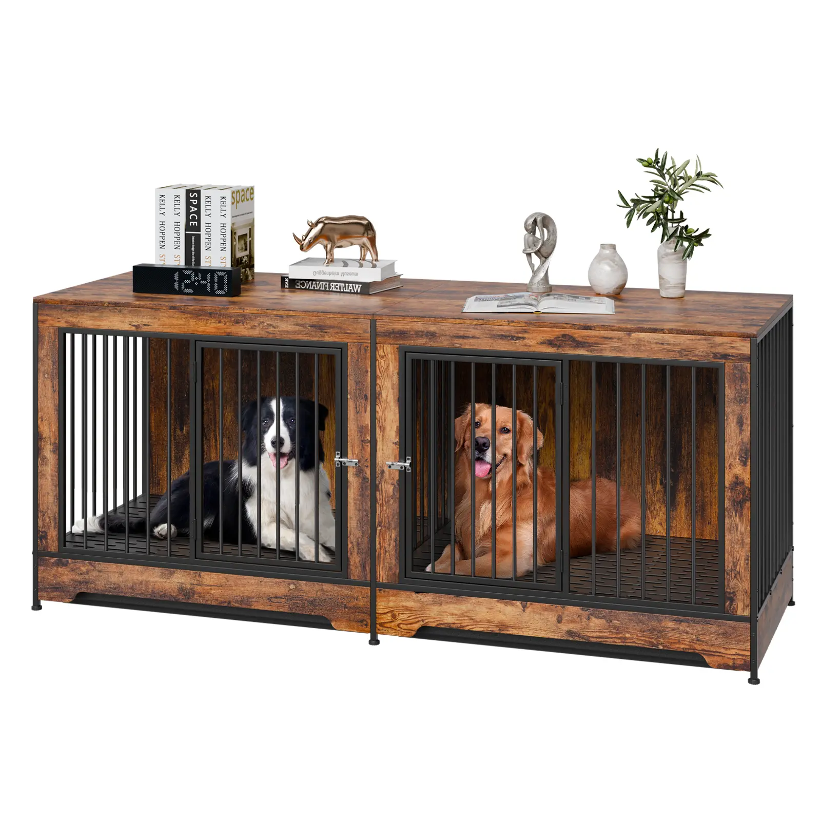 【DealsForYouDays】VEVOR 75" Dog Crate Furniture for 2 Dogs, Extra Large Double Dog Crate Furniture Large Breed with Divider & Double Doors, Large Wooden Dog Crate Furniture TV Stand for Medium Large Dogs Brown