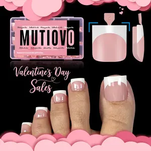 MUTIOVO French Tip Toe Nail Tips Press on, Sharp Square Pre-Designed Soft Gel False Toenail Extension, BABY PINK Pre-applied Tip Primer & Base Coat, Full Cover Acrylic for DIY x 15 Sizes 240 pcs