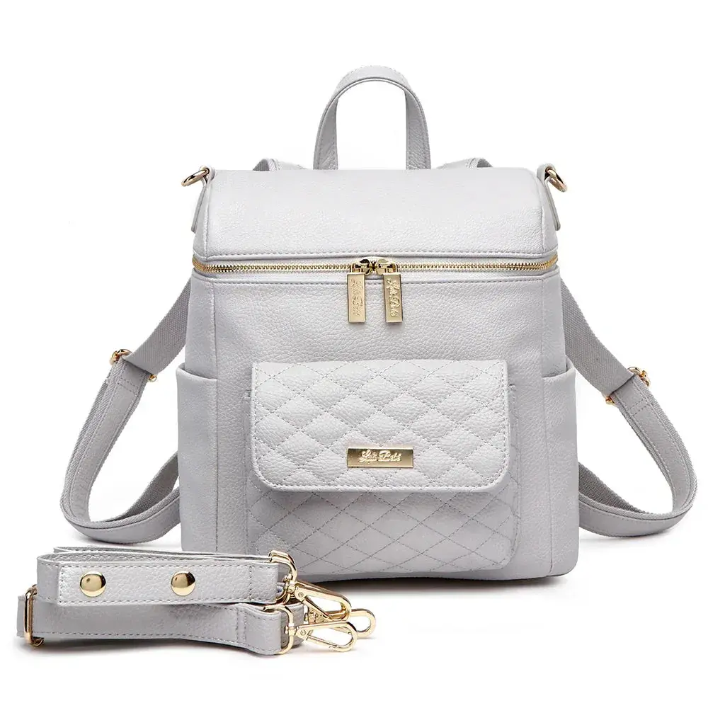 Luxury Compact Portable Diaper Bag Backpack for Moms - Stone Grey Satin Faux Leather Convertible Bag with Stroller Straps for Travel, Vegan Leather, Adult, Everyday Adventures, Elegant Compact Design, Convertible Bags