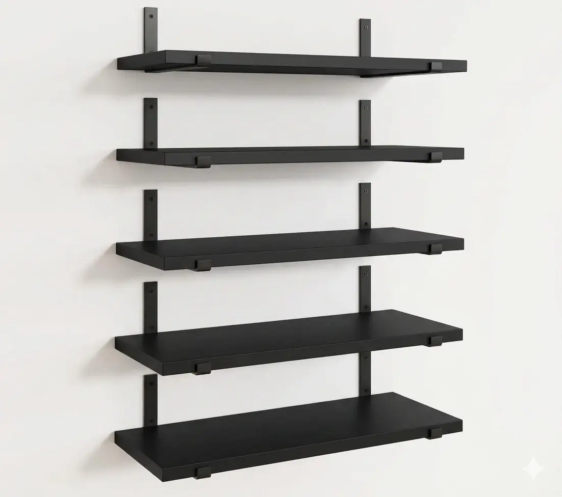 Set of 5, Floating Shelves for Wall, Black Shelves Wall Mounted, Rustic Wood Wall Storage Shelves (Set of 5, Black)