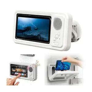 Waterproof Phone Case with Built-in Speaker 480 Rotation Wall Mount Stand Screen Touch Shower Case with Suction Cup Wireless Bluetooth