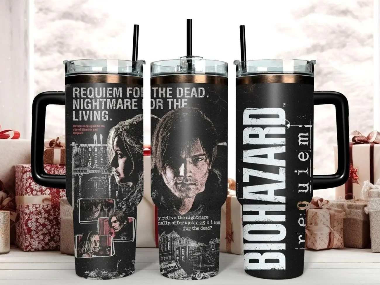 Resident Evil 9 Requiem 40oz Tumbler with Handle | Leon Kennedy Biohazard Insulated Travel Mug with Straw | Survival Horror Gamer Fan Gift Idea