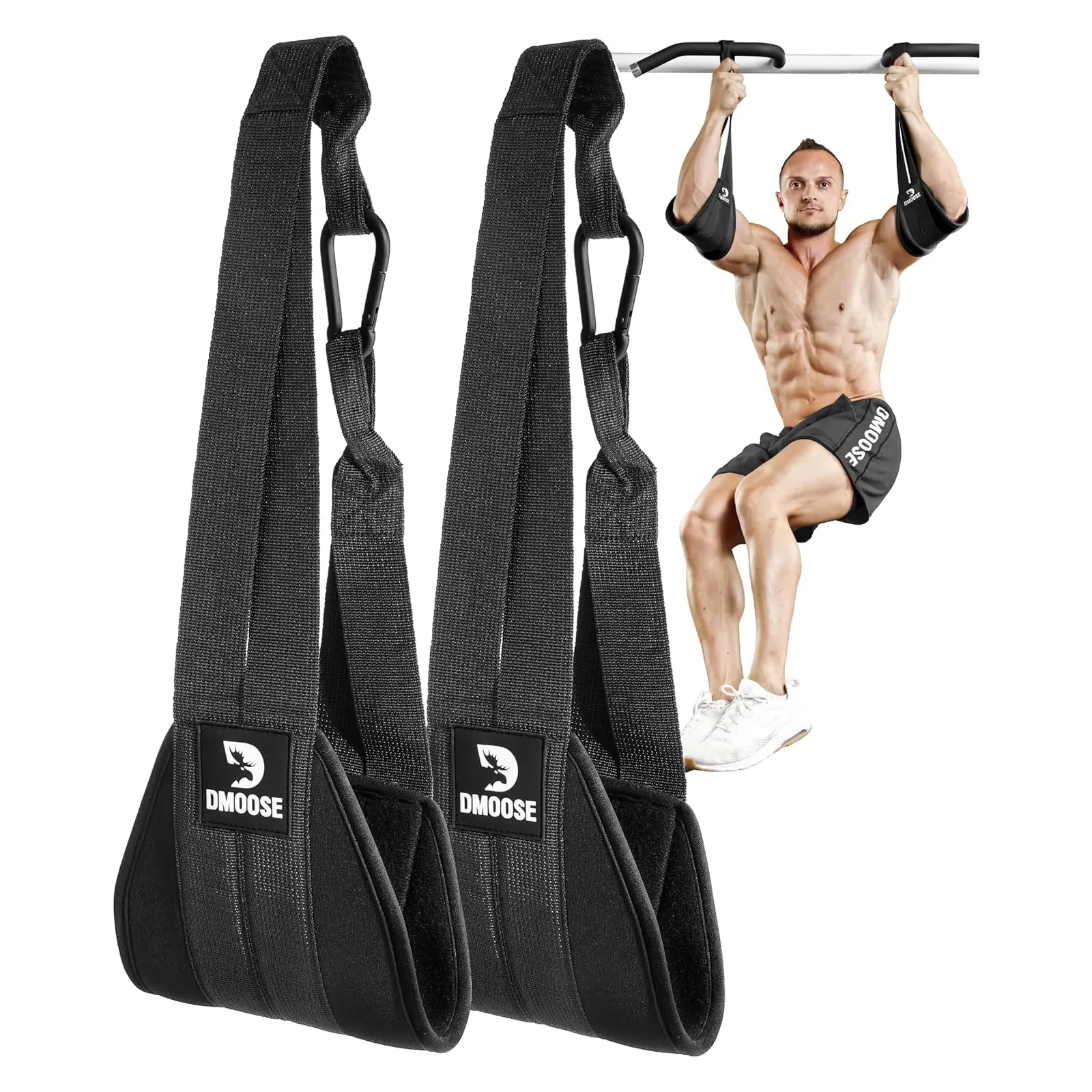 DMoose Fitness Hanging Ab Straps for Pull Up Bar & Core Strength Training - Soft Padded Exercise Straps for Ab Swing & Leg Raises, Hang Bar Strap with 2 Steel Carabiners - Abs Equipment for Home & Gym