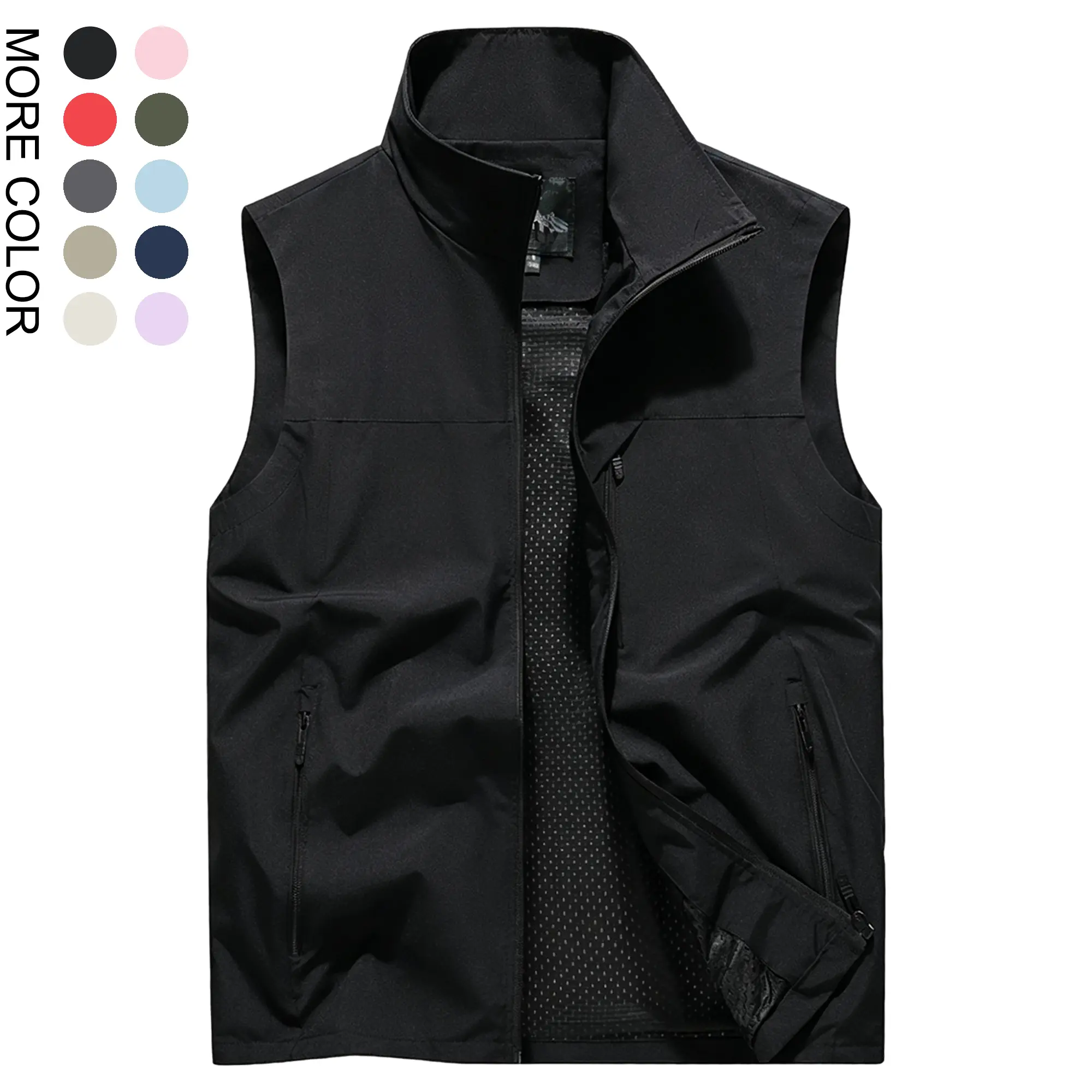 Men’s solid-color hooded vest jacket with stand collar and multiple pockets; multifunctional outdoor windproof and waterproof casual sports vest; regular-fit outdoor fishing vest; men’s outerwear suitable for all seasons.