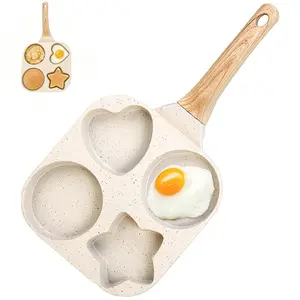 4-Cavity Nonstick Breakfast Pan – Cute Star & Heart Shaped Egg & Pancake Maker,Aluminum Alloy Pancake Griddle with Composite Base, Wooden Handle Skillet for Cute Morning Meals