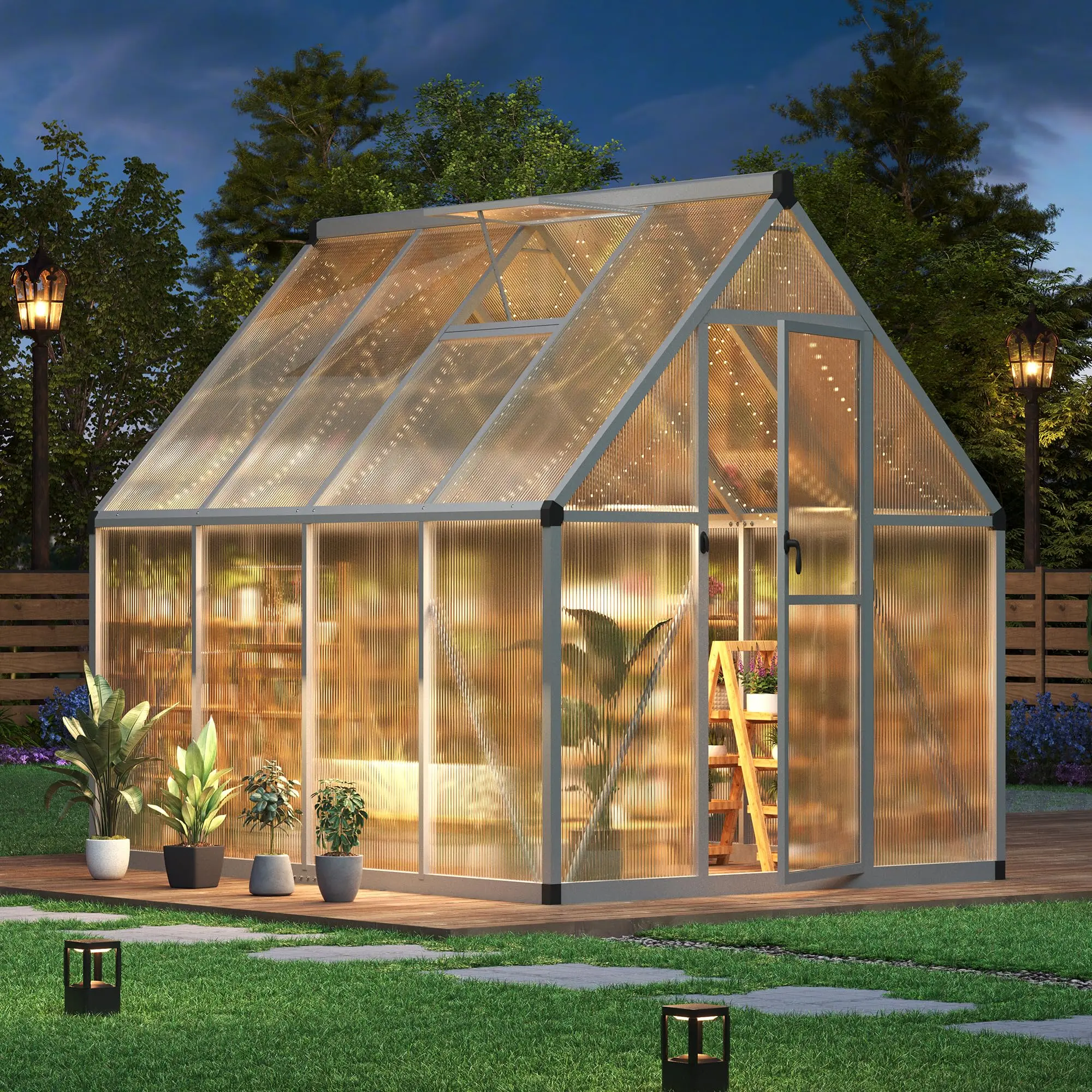 Gaomon 6×7 FT Adjustable Outdoor Polycarbonate Greenhouse, Large Walk-In Garden Planting Structure with Enhanced Aluminum Frame, Lockable Push Door, Silver, Adjustable Outdoor Greenhouse, Outdoor Polycarbonate Greenhouses