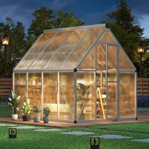 6×7 FT Outdoor Greenhouse, Large Walk in Greenhouses for Outdoors and Garden Planting, Polycarbonate Green House with Enhanced Aluminum Frame and W/Lockable Push Door, Silver