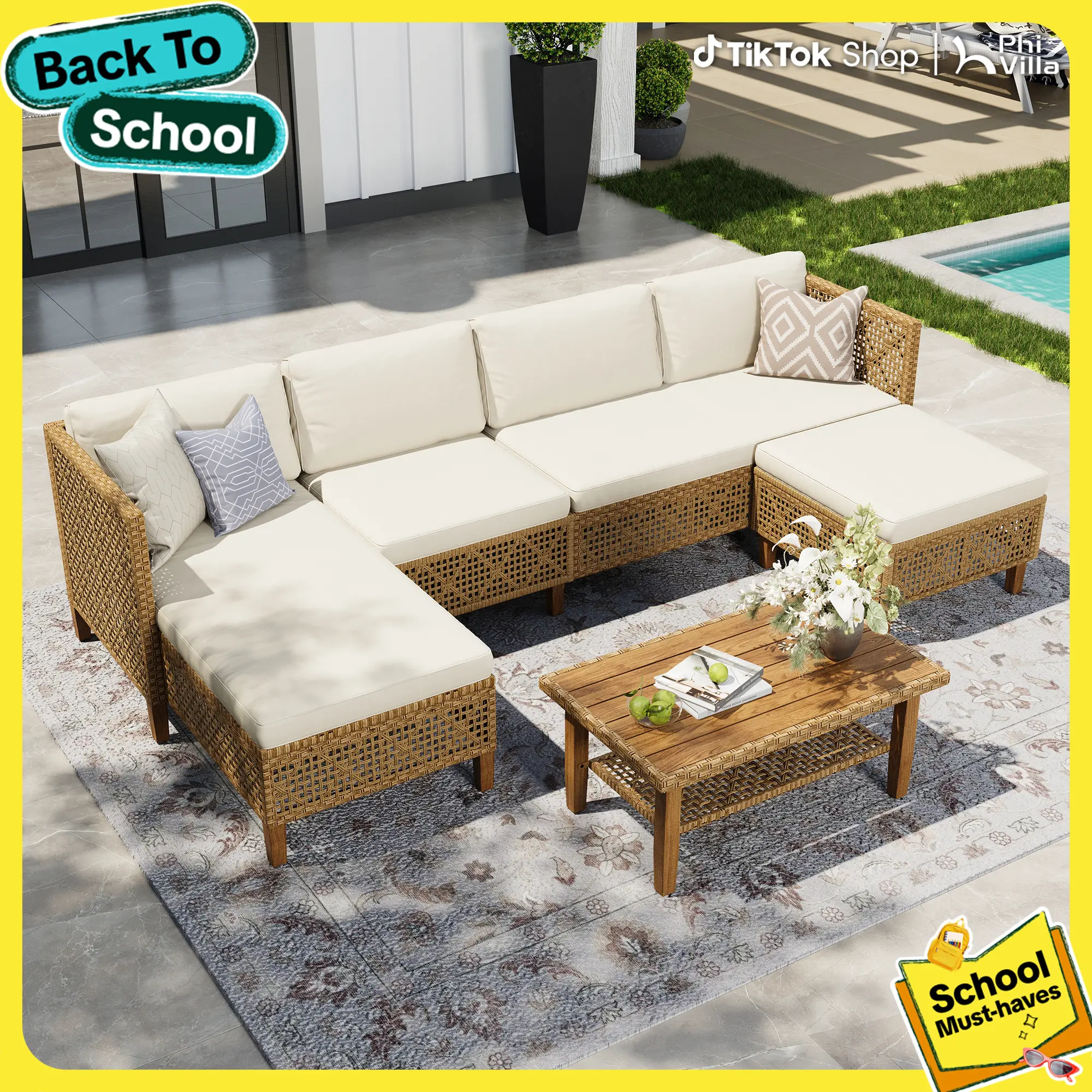 PHIVILLA Boho Wicker Patio Furniture Sofa Set, 3/5 Seaters, Outdoor Rattan Sectional Conversation Sofa Set - Weather-Resistant, with Dual Storage Coffee Table Acacia Wood Legs for Garden, Patio & Deck, Home Decor, TikTokShopBackToSchool