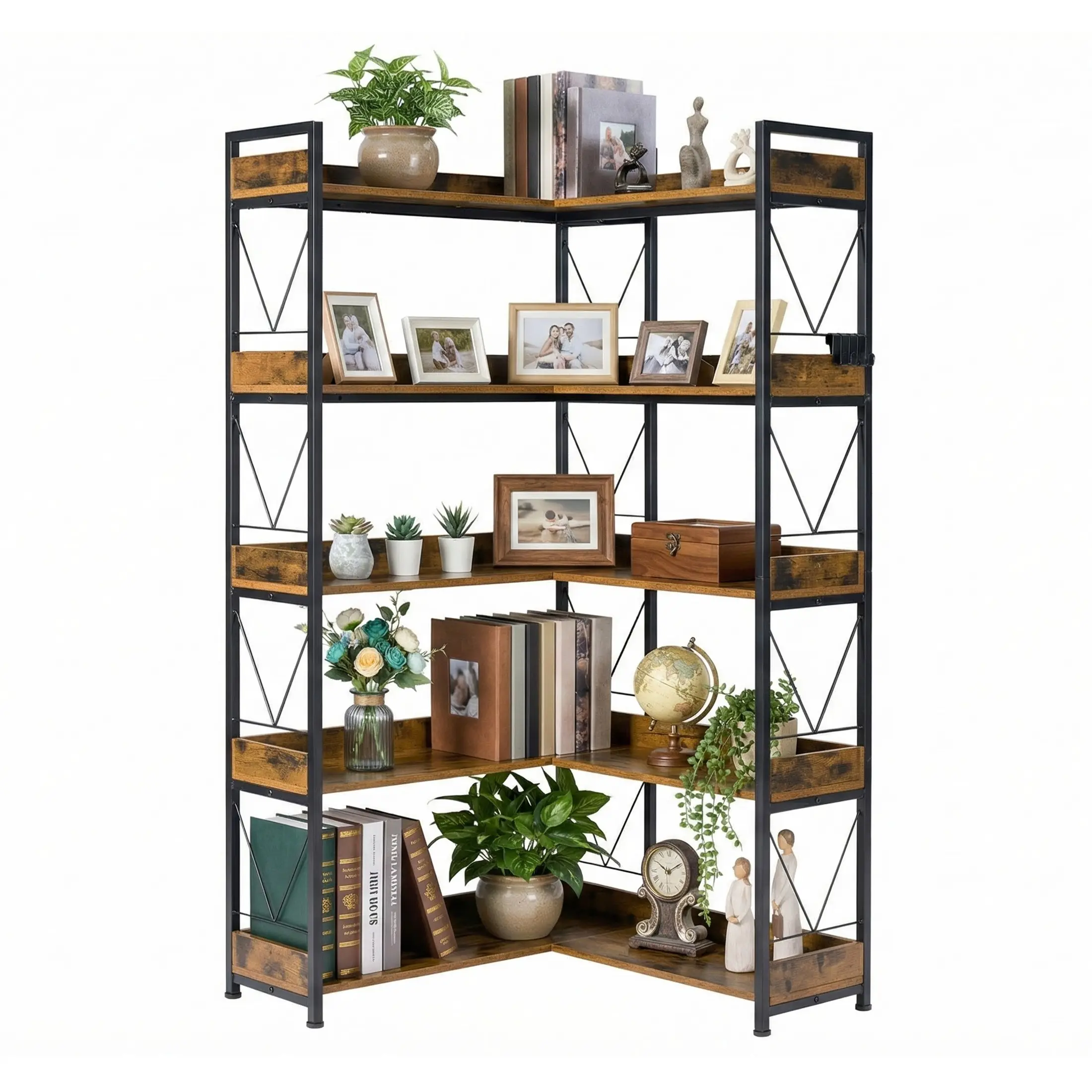 Sweetcrispy 65-in L-Shaped Modern Corner Bookshelf - 5-Tier Industrial Rustic Wooden Bookcase with Metal Frame, Open Storage for Home Office, Living Room Organization, Contemporary Indoor Shelving Furniture