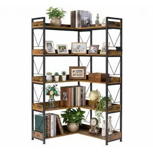 65 inch L Shaped Corner Bookshelf, 5 Tier l Bookcase with Open Storage Shelves,Industrial Wooden Bookcase with Metal Frame for Home Office, Living Room, Bedroom