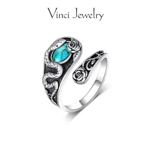 925 Vintage Snake and Rose Open Ring with Synthetic Turquoise Stone Design, Black Witch Lilith Symbolic Jewelry, Mystery Wiccan Pagan Ring, Unisex Perfect for Daily Wear