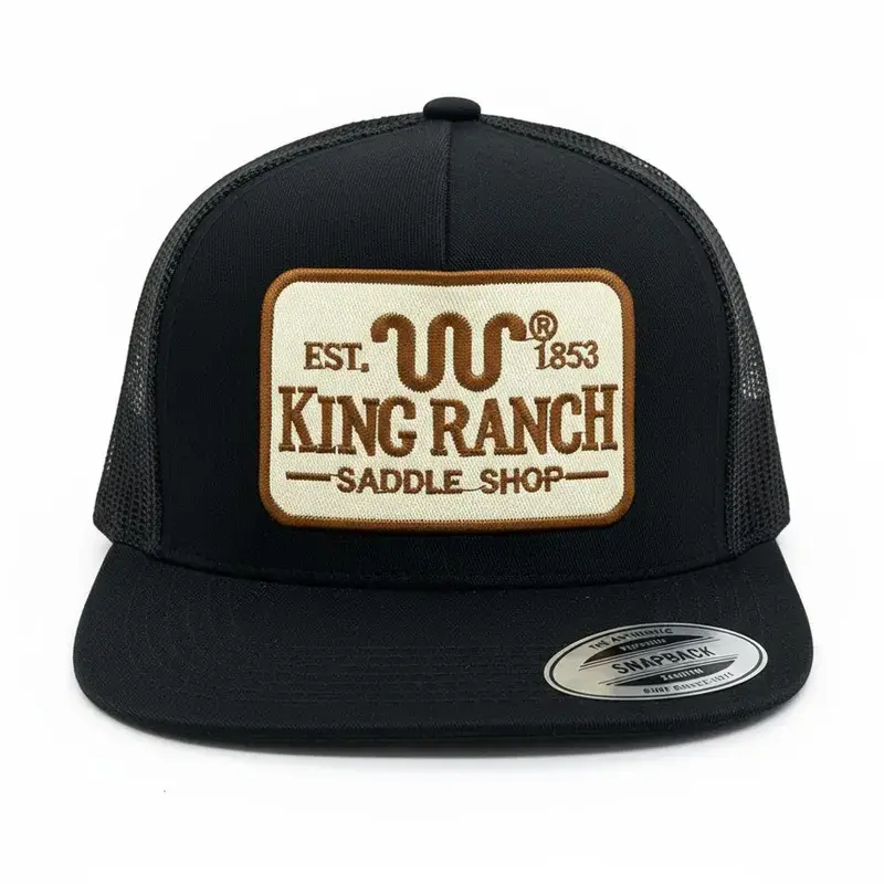 King Ranch Saddle Shop Patch Hat Black Mesh Trucker Cap Running W 7 Panel Flat Bill Snapback Hat Vintage Western Texas Cowboy