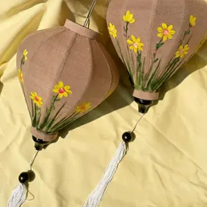 Hoi An Bamboo Lantern 35cm Hand Painting With Yellow Floral Patterns