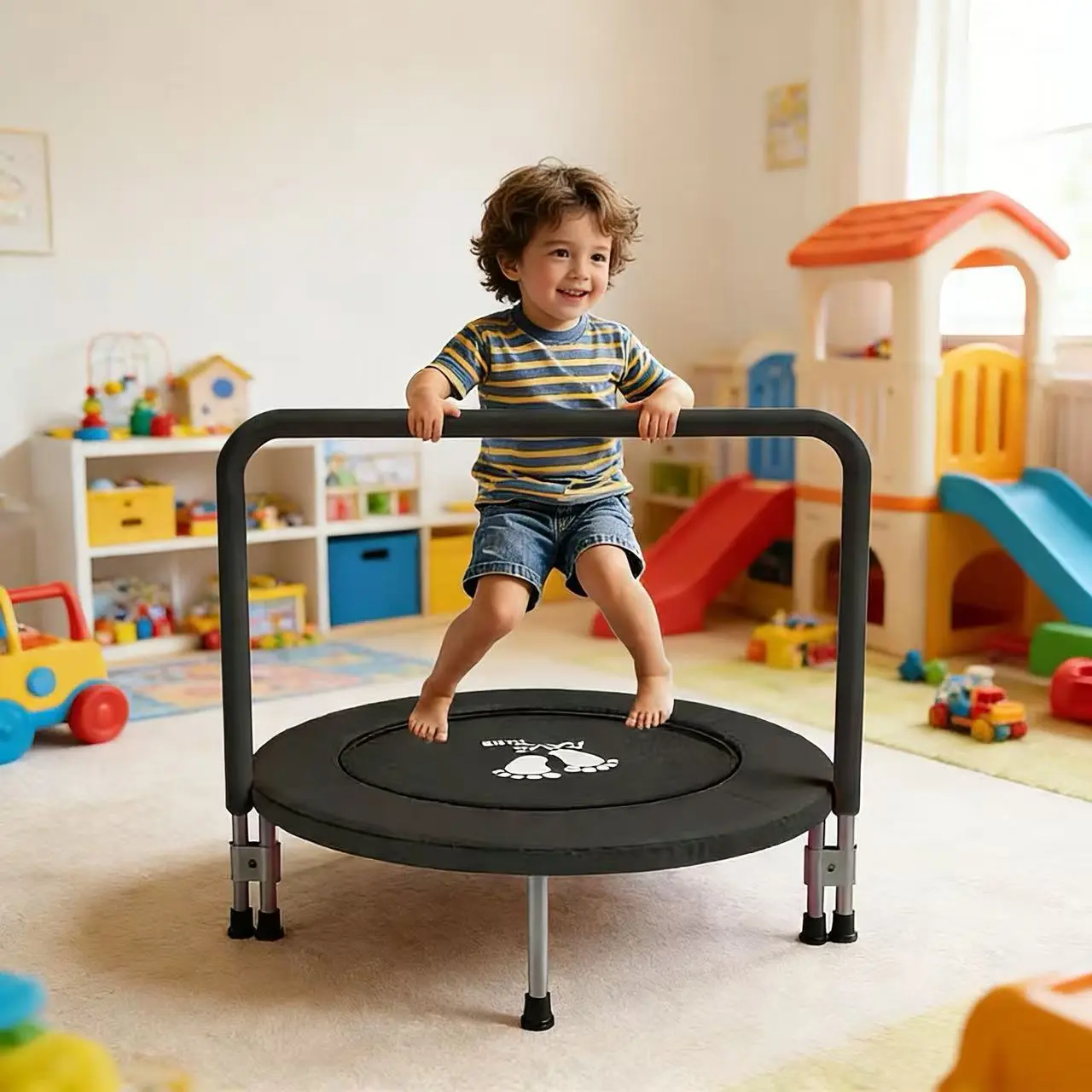 RAVS 36" Toddler Trampoline for Kids Ages 1-6 with Thick Safety Pad Adjustable Foam Handle Easy Assembly Foldable Mini Kids Rebounder Baby Trampolines for Fun and Exercise Indoor/Garden