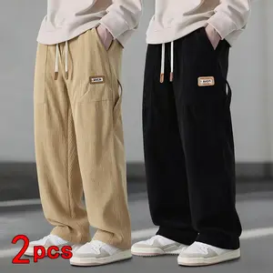 Trendy brand 2-piece set, men's corduroy straight-leg pants, new spring products, loose loose wide-leg casual pants, men's and women's pants, khaki, black + olive green pockets, casual and comfortable loose pants, durable fabric.
