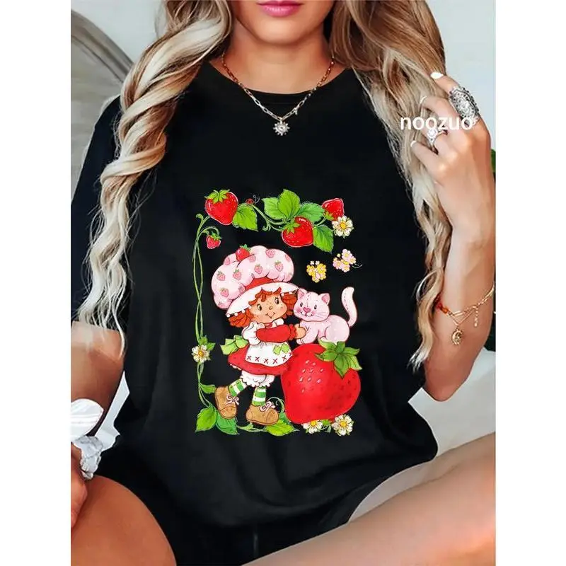 100% Cotton Unisex Strawberry Shortcake & Kitty Berry Picking Vintage T-Shirt Casual Top