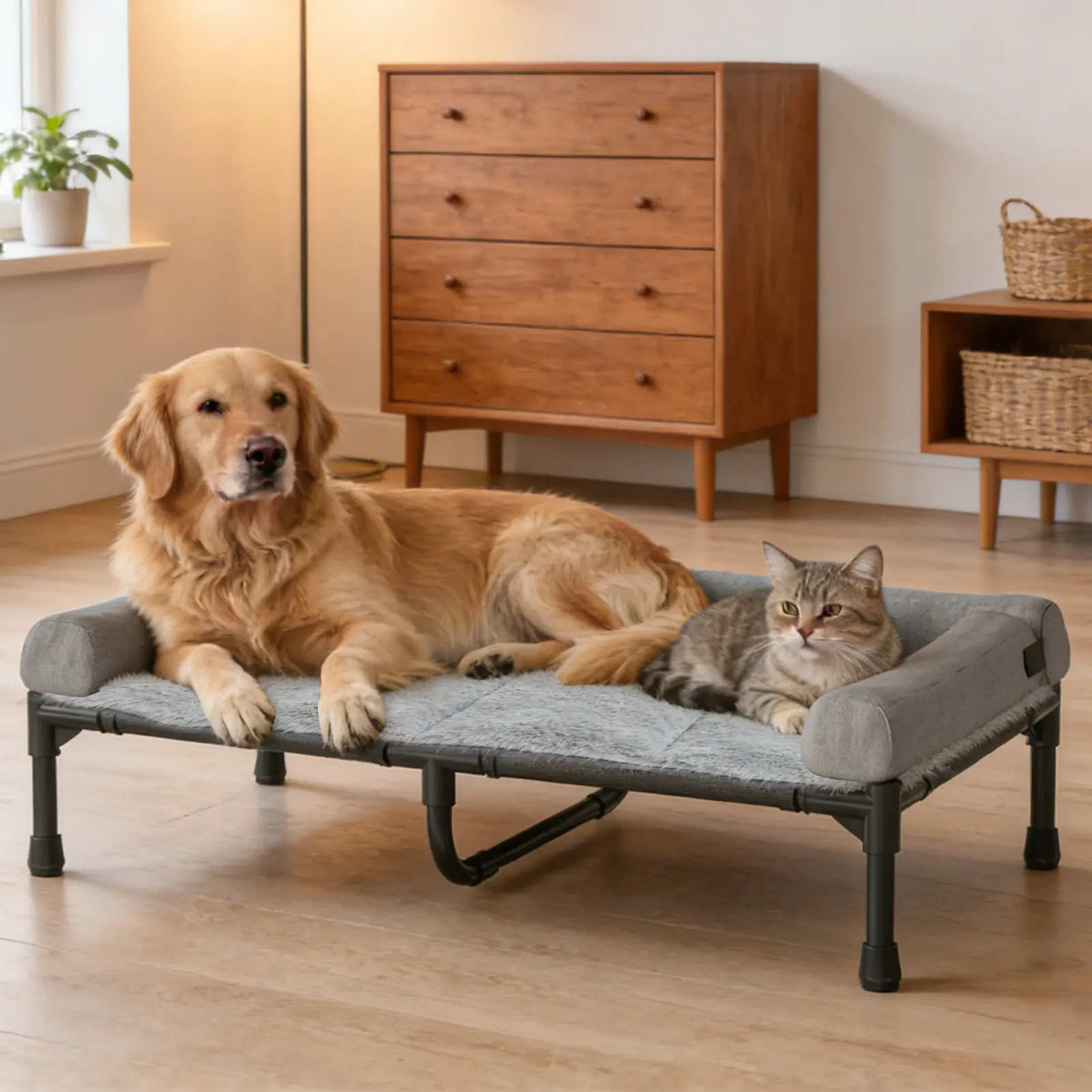Orthopedic Elevated Dog Bed with Fluffy Plush Bolster Cushion, Indoor Raised Dog Beds with Detachable Cushions for Large Dogs, Soft Pet Sofa Cot with Removable Washable Mat, No-Slip Feet, Dog bed suitable for both winter and summer use
