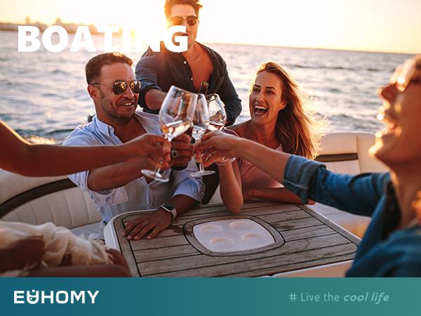 EUHOMY 12V Refrigerator (24/37/53Quart /23L/35L/50L) supports 12V/24V DC & 110-240V AC. Portable with -4°F~68°F range, it features wheels, 2 baskets, and large cooling zone. Ideal for RVs, travel, Truck, Boat