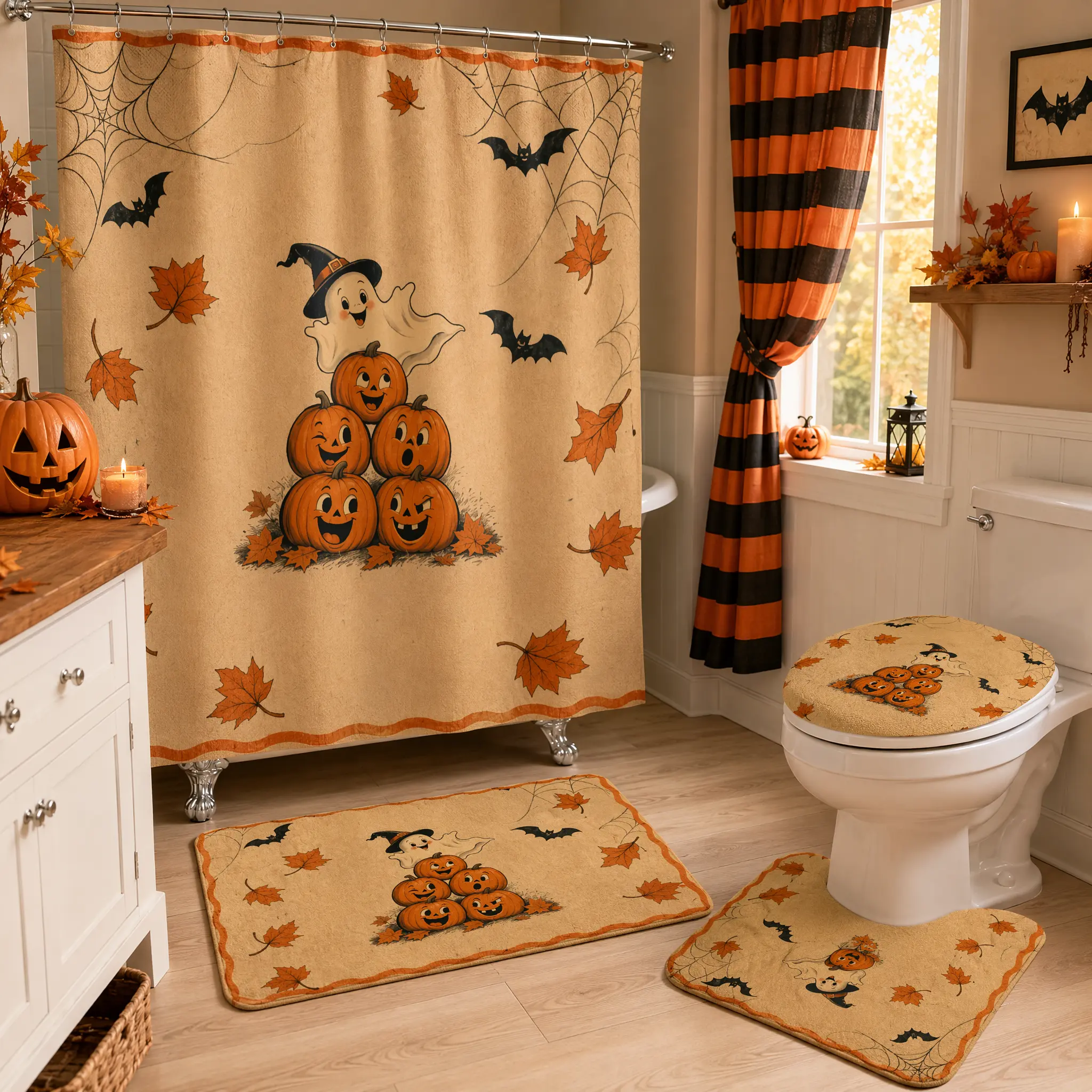 Halloween 4-Piece Bathroom Decor Kit, Fall-Themed Set with 12 Hooks, Maple Leaf/Bat/Spider Web Shower Curtain, Non-Slip Absorbent Bath Mat, Contoured Rug, Toilet Lid Cover for Home, Halloween Bathroom Decor Ideas